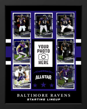 Handcrafted Baltimore Ravens sports card frame with authentic trading cards, perfect for displaying a player photo or football card