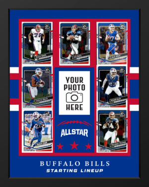 Handcrafted Buffalo Bills sports card frame with authentic trading cards, perfect for displaying a player photo or football card