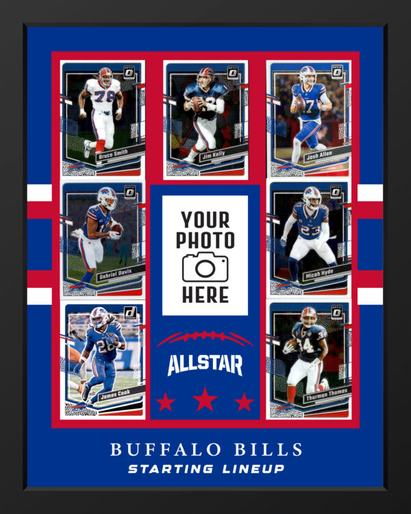 Handcrafted Buffalo Bills sports card frame with authentic trading cards, perfect for displaying a player photo or football card