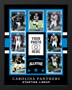 Carolina Panthers sports card frame with authentic trading cards, perfect for displaying a player photo or football card